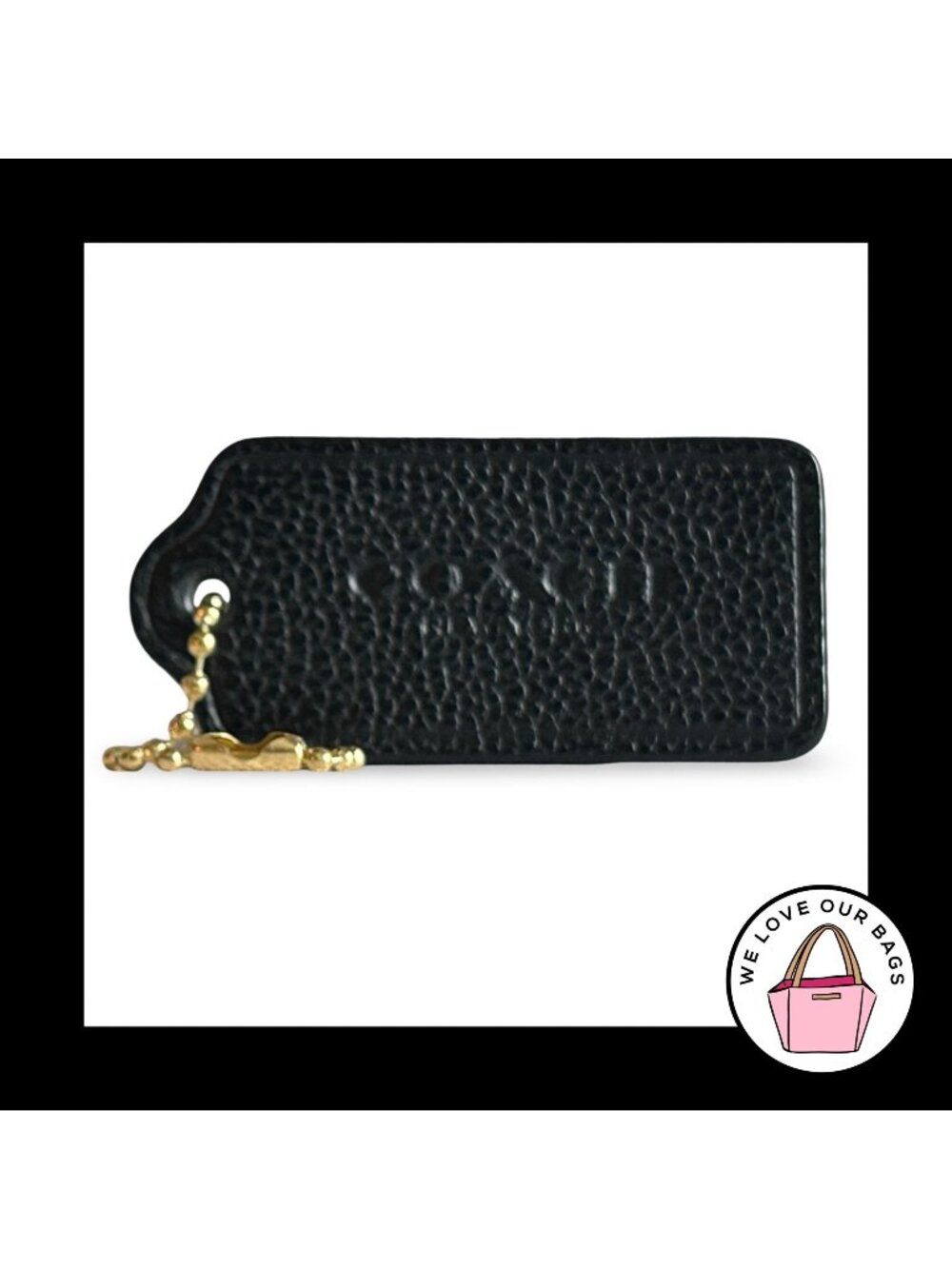 COACH HANG TAG 2.25" Black Pebbled Leather Bag Charm Keychain Fob New York Brass
